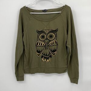 Fifth Sun Womens Scoop Neck Raglan Sleeve Pullover Owl Sweatshirt Green Medium